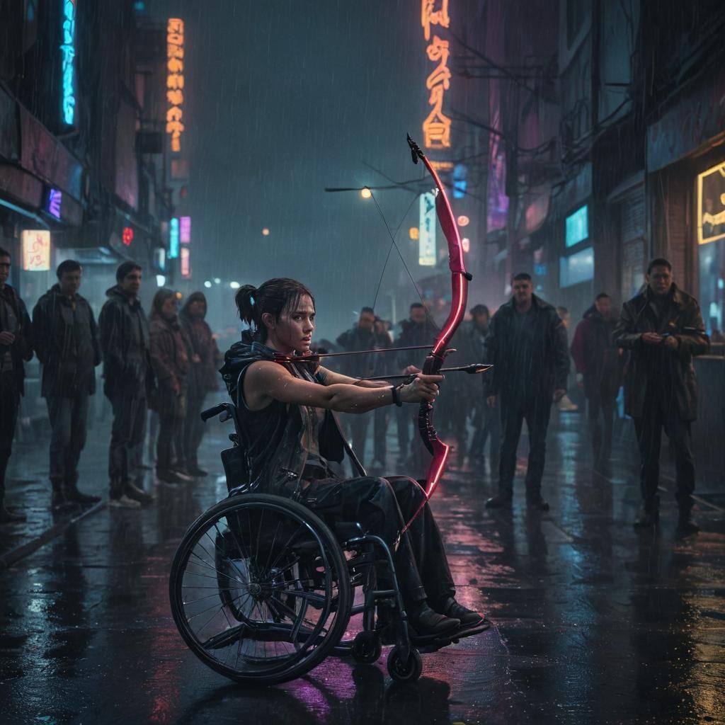 Cyberpunk Archer in Rainy Neon Cityscape