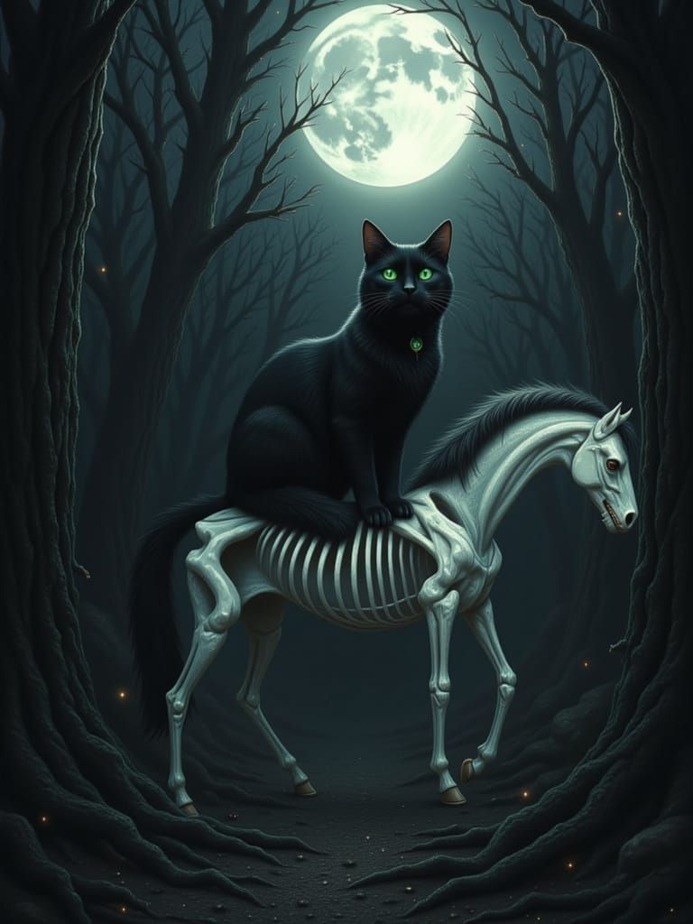 Black Cat on Skeleton Horse in Spooky Forest