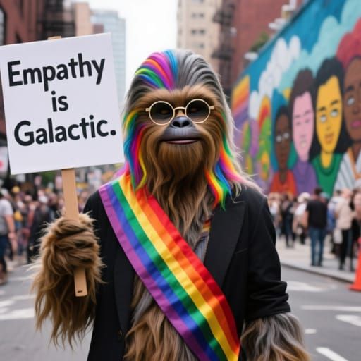Wookie Activist with Pride Sash and Protest Sign