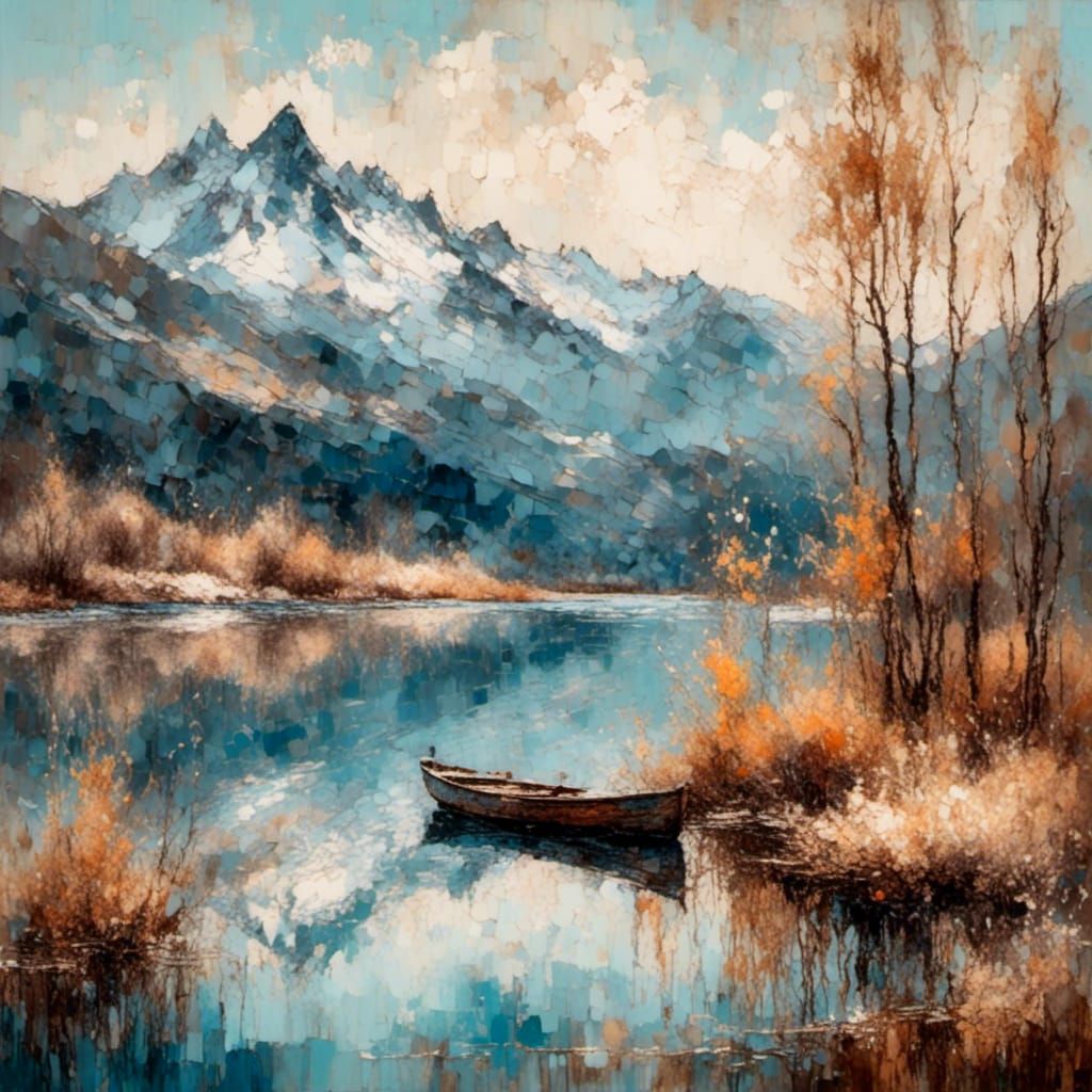 Impressionist Lake with Boat and Mountain View