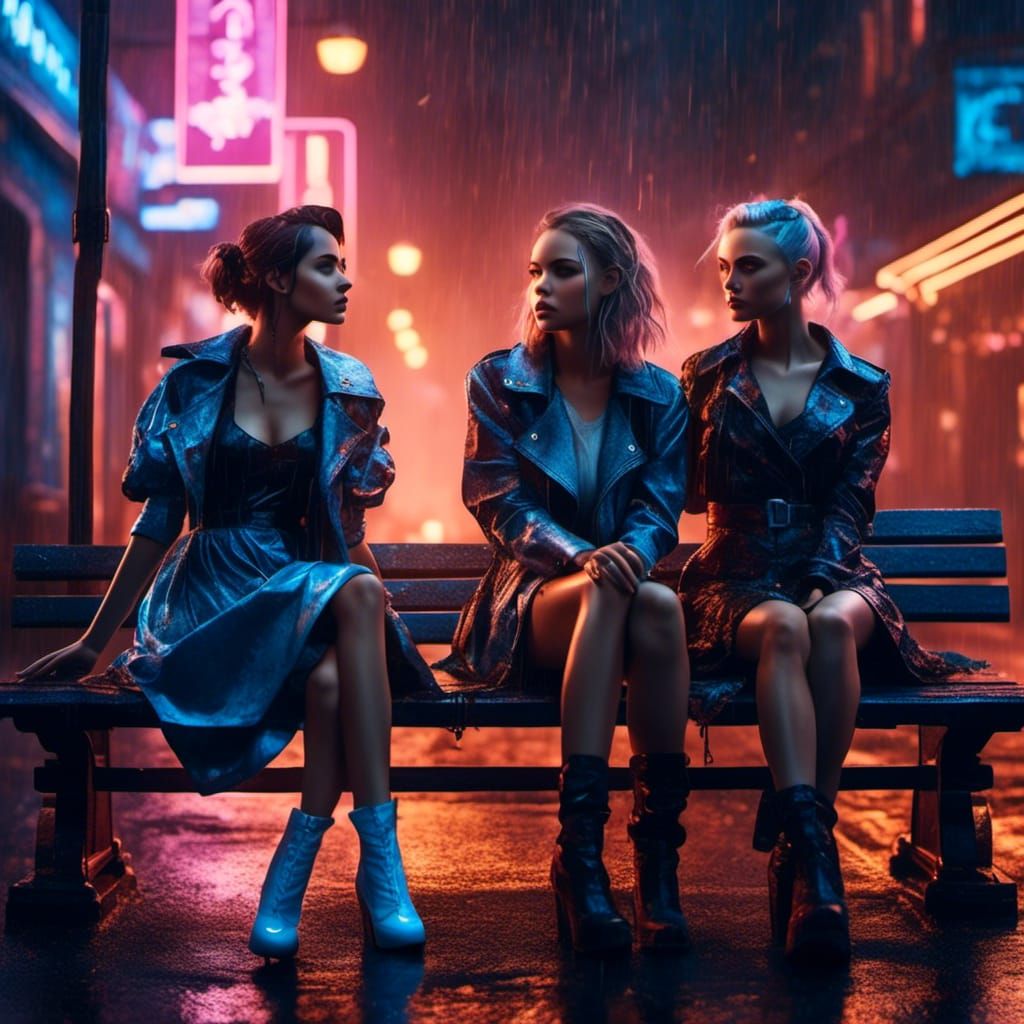 Rainy Cyberpunk: Three Women in Digital Painting