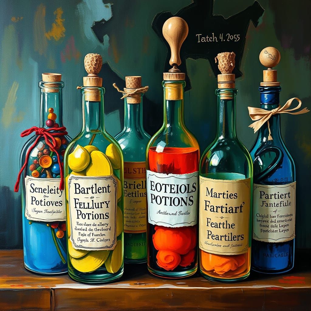 Whimsical Apothecary: Humorous Potions in Gouache Style