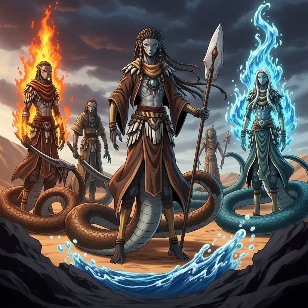 Diverse Snakefolk Tribes in Elemental Realms