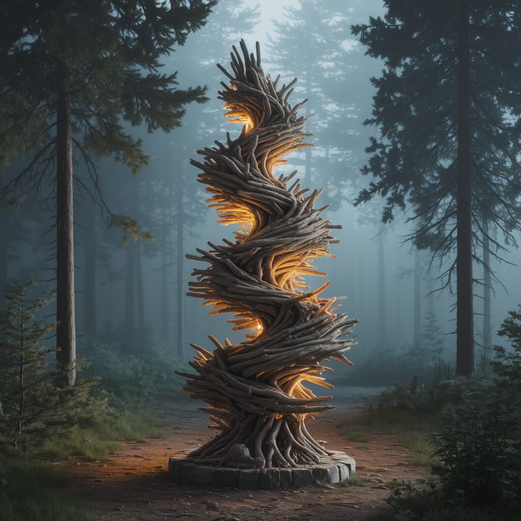 Surreal Driftwood Tower in Misty Forest