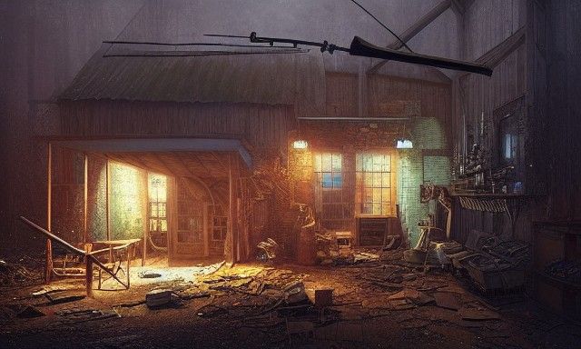 Detailed Blacksmith Shop Matte Painting in Deep Colors