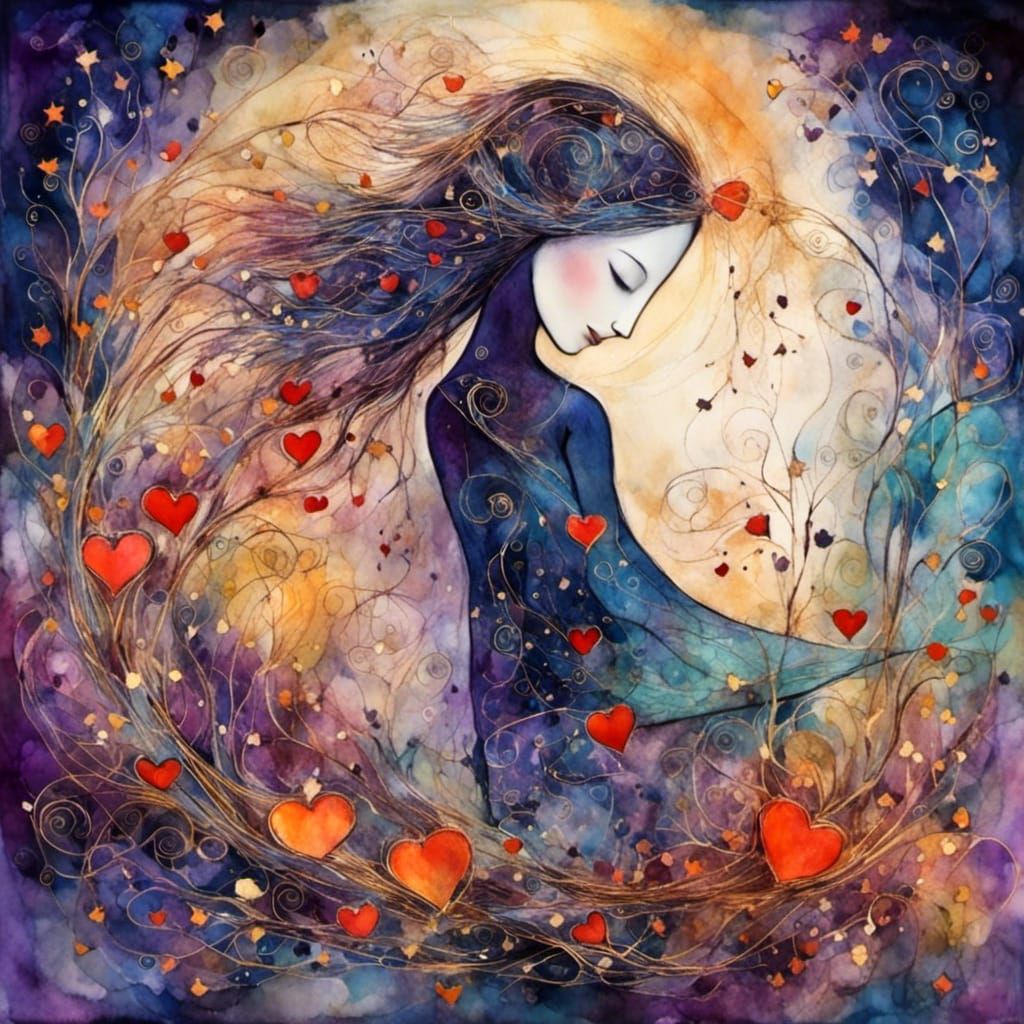 Romantic Liquid Ink Portrait with Hearts