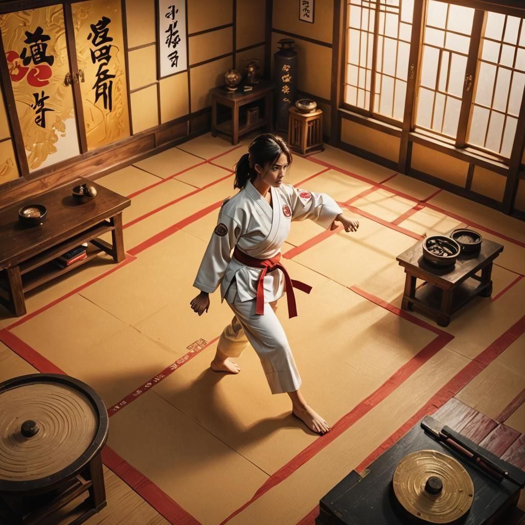 Isometric Aerial View of Woman Practicing Karate