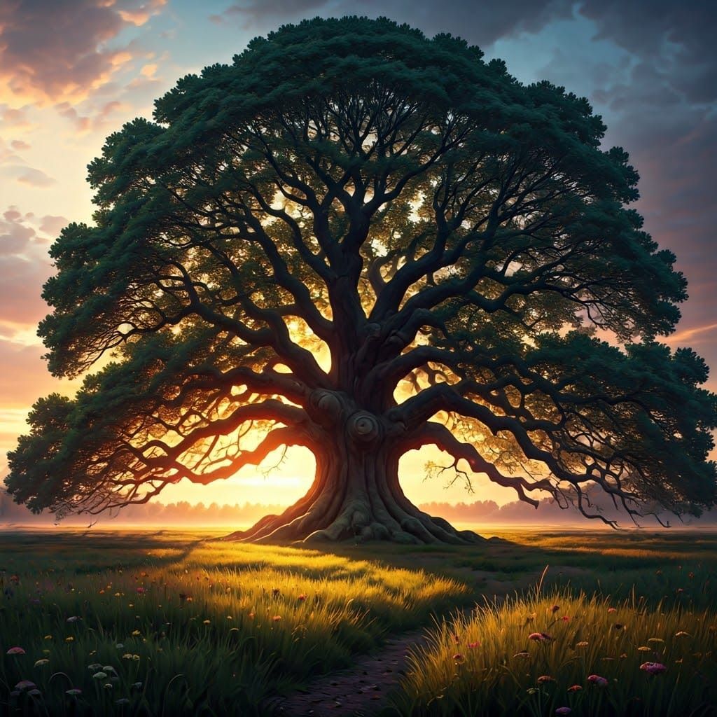 Sunset Illuminates Ancient Oak Tree: Impressionistic Digital...