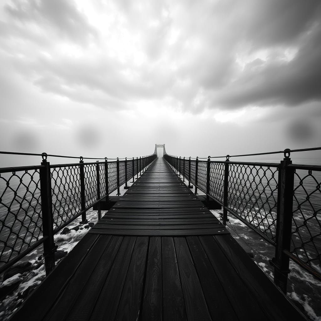 Weathered Bridge in Dramatic Monochromatic Landscape