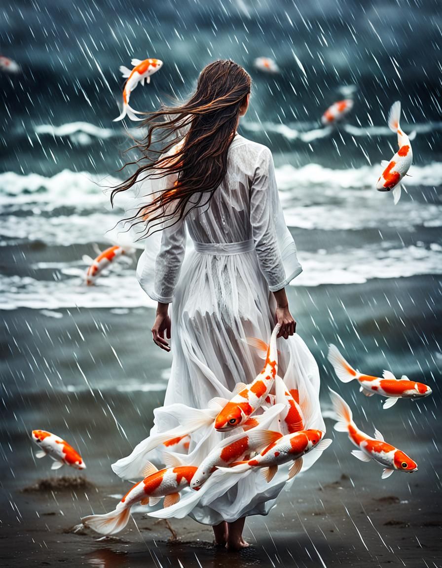 Woman on Rainy Beach in Hyperrealistic Style