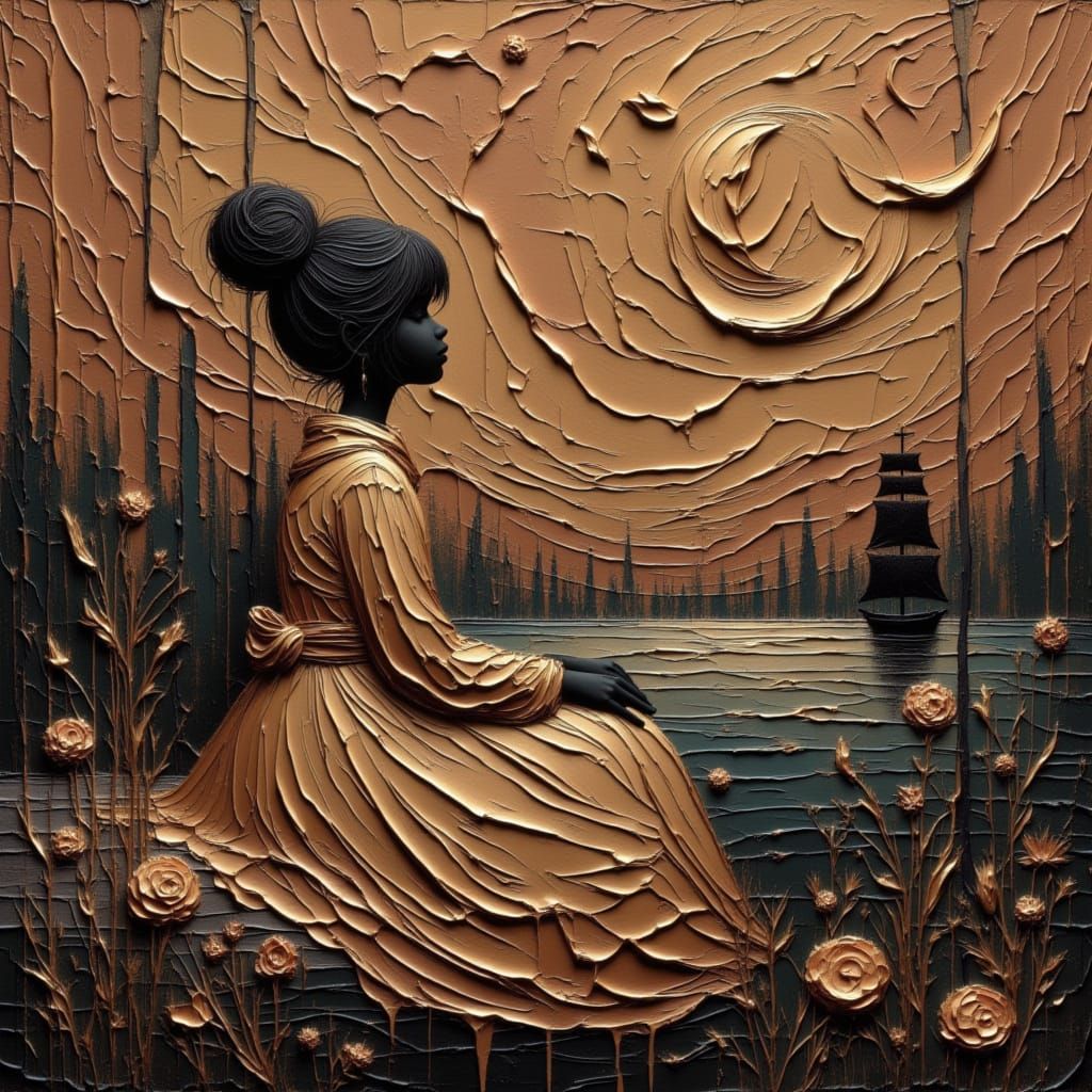 Earthy Woman in Moonlit Nature with Impasto Copper