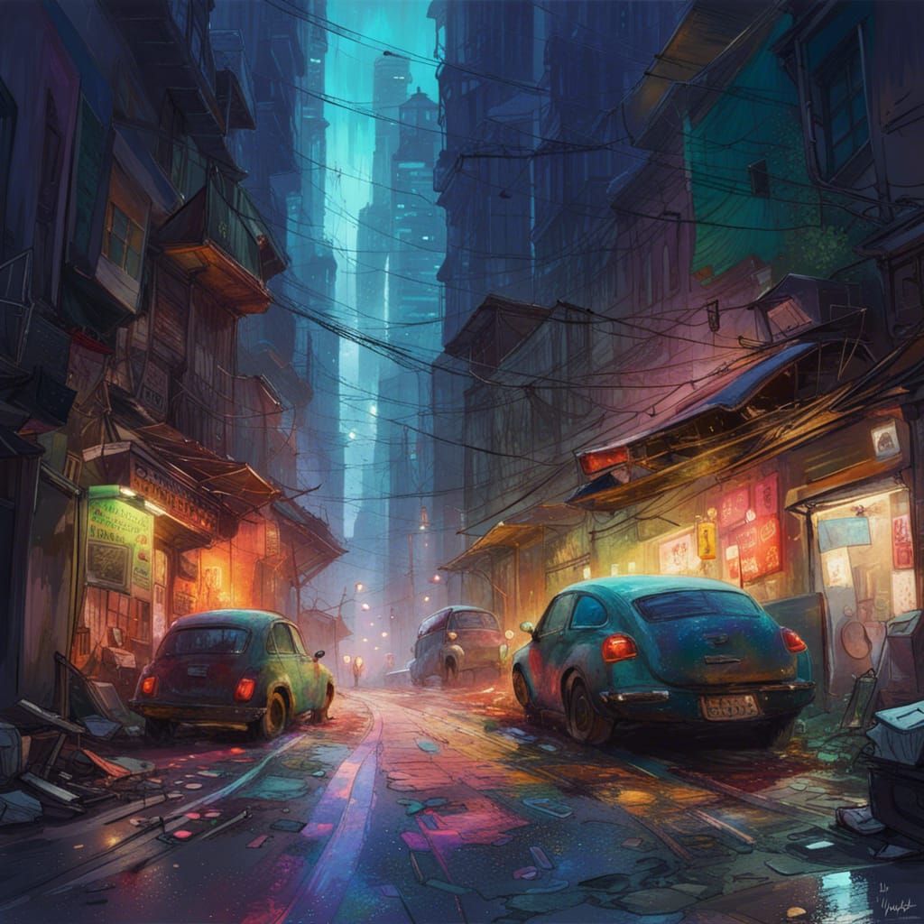 Midnight City Street Scene: Digital Illustration