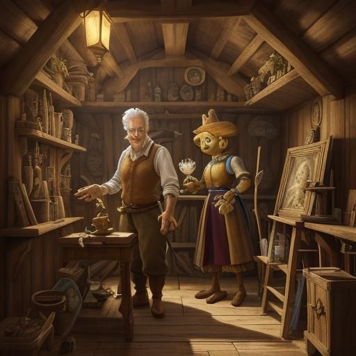 Fantasy Geppetto and Pinocchio in Whimsical Woodland Setting