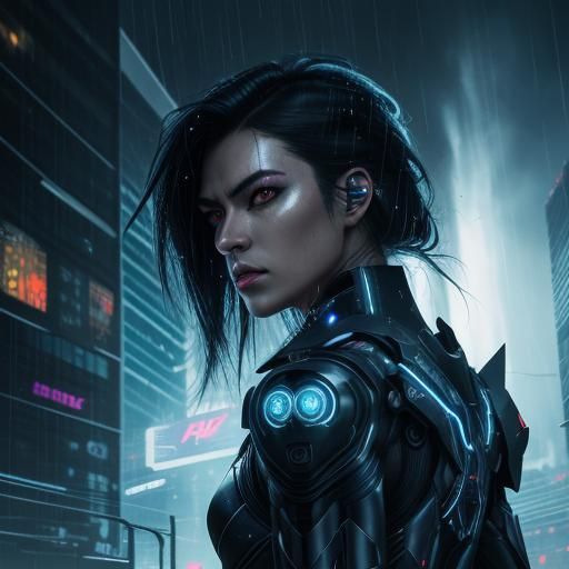 Cyberpunk Figure Amidst Lightning Storm