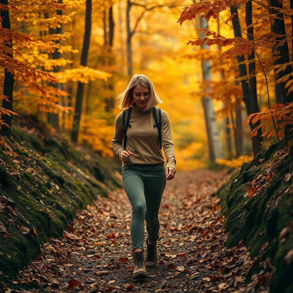 Woman Hiking in Autumn Forest: Photorealistic Image