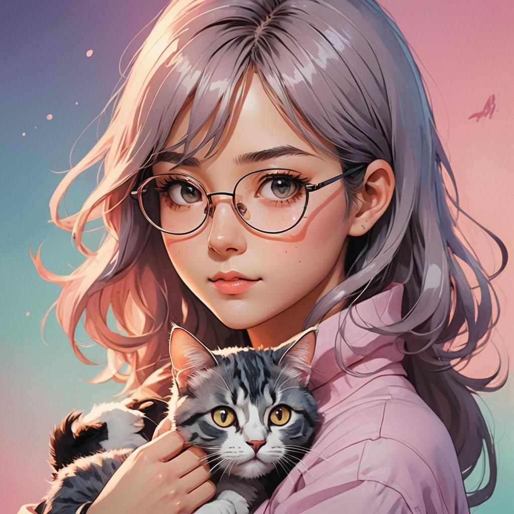 Girl with Cat in Manga-Style Portrait
