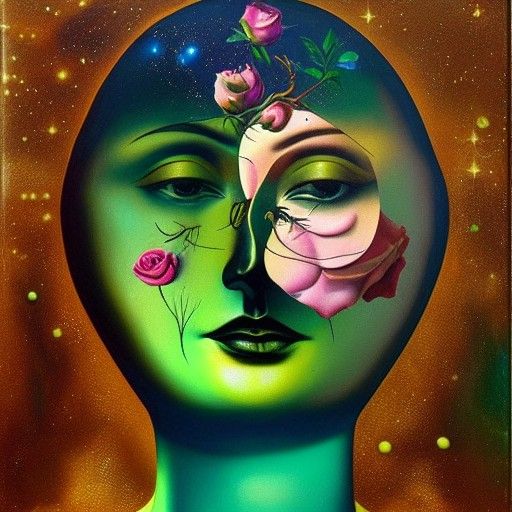 Surreal Woman with Rose Face and Golden Mask