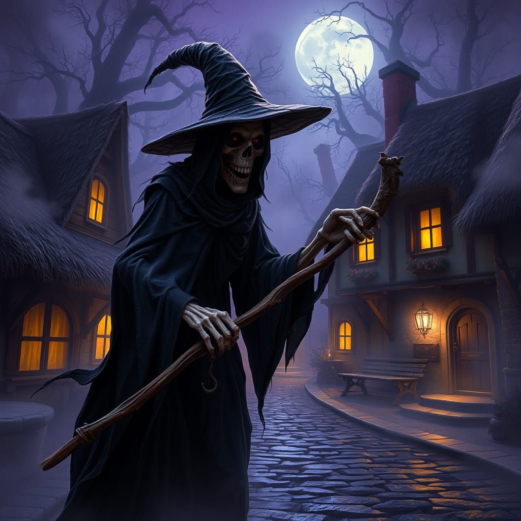 Dark Fantasy Witch Weaves Mystical Spells in Medieval Villag...
