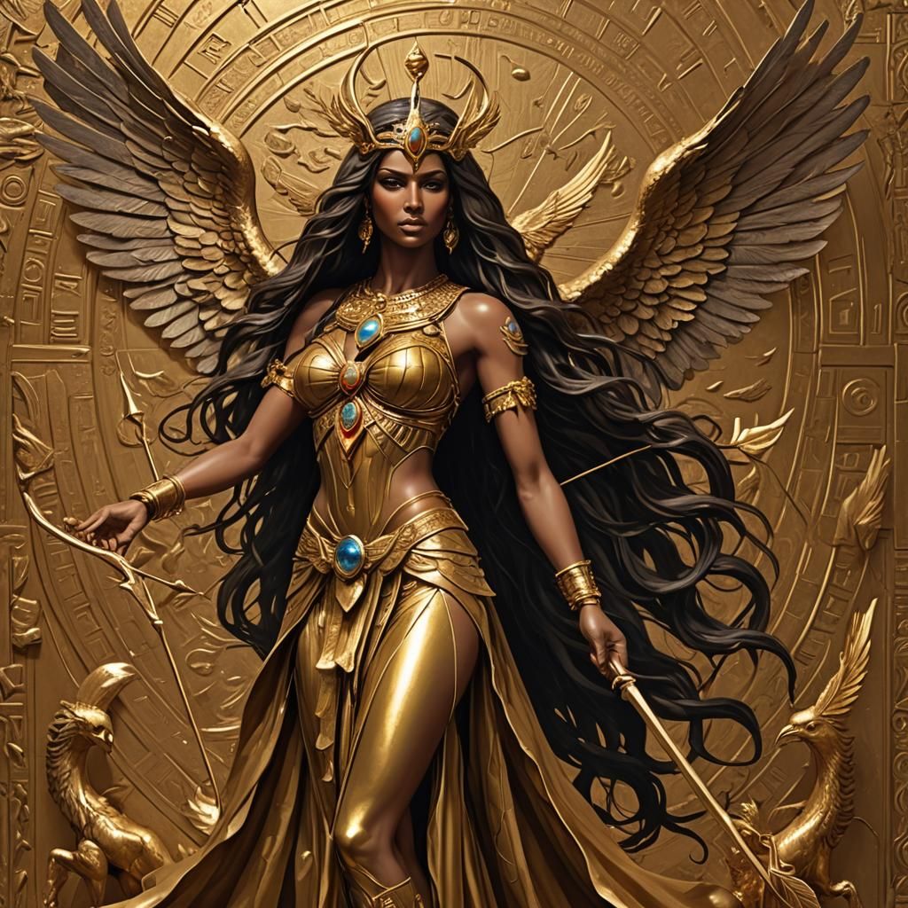 Goddess Ishtar with Golden Wings in Surreal Style