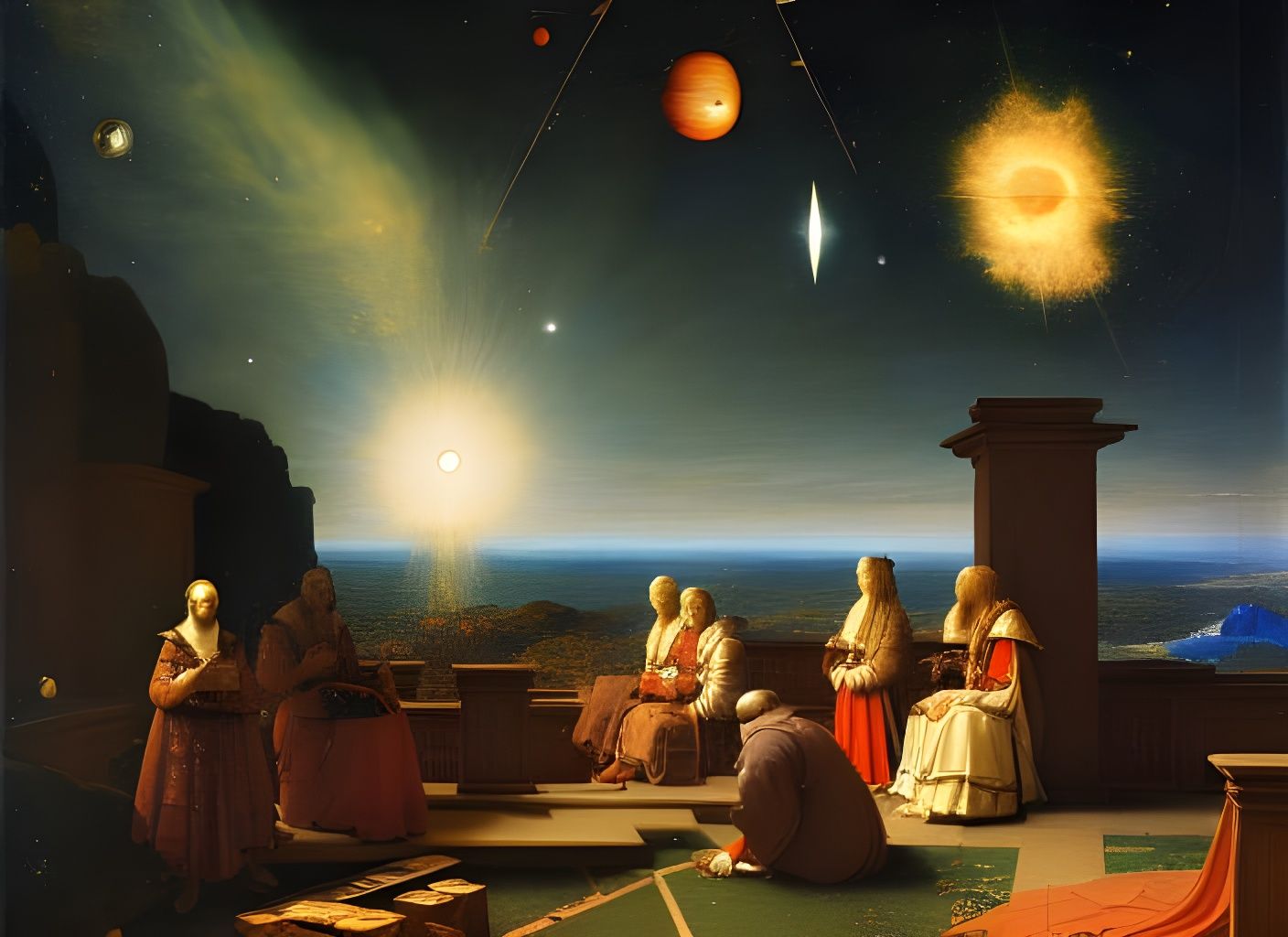 Astronomers Observing Planets: Surreal Romantic Painting