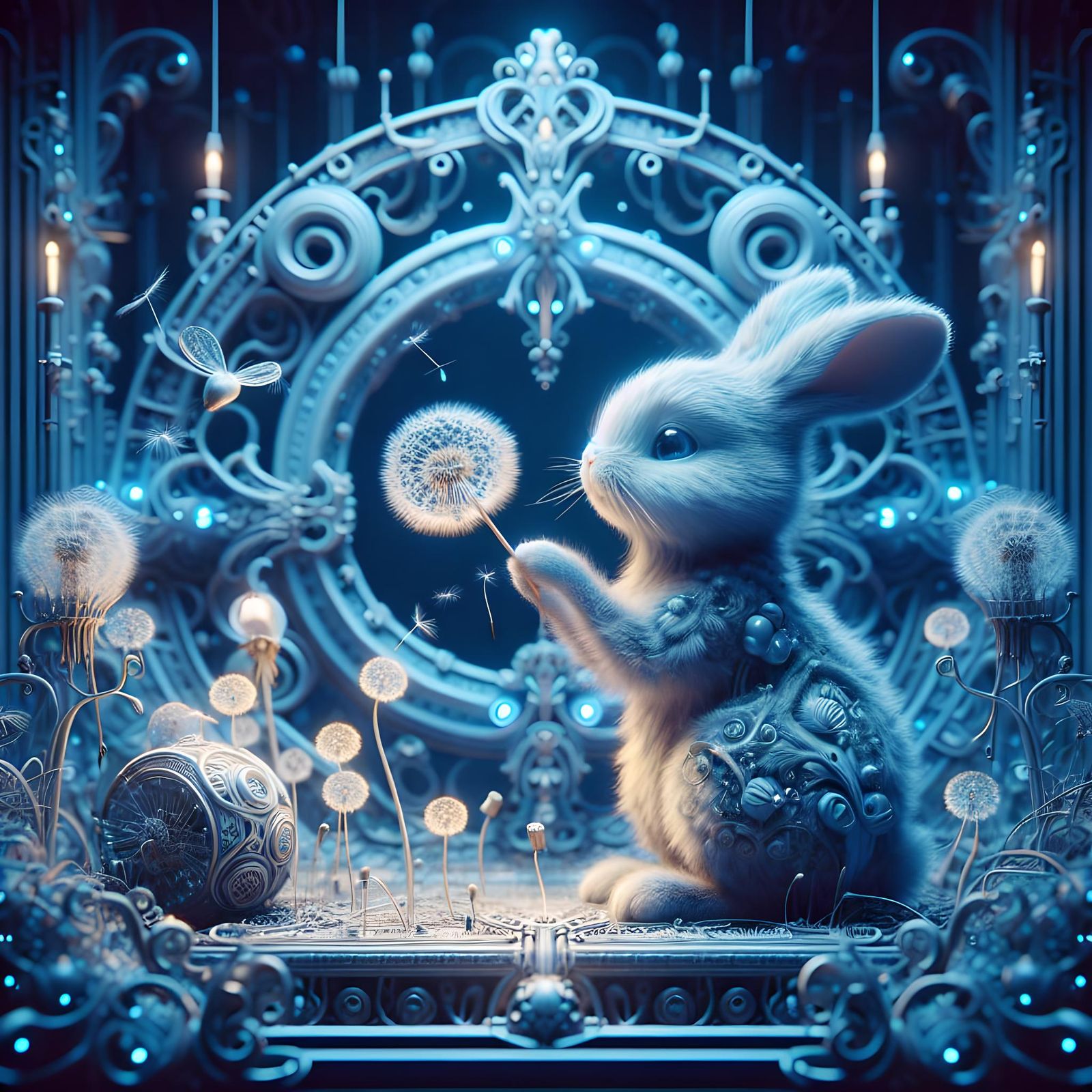 Blue Rabbit Blowing Dandelion in Maximalist Style