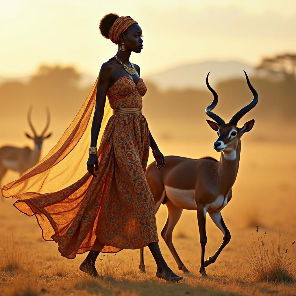 African Woman and Antelope in Savannah