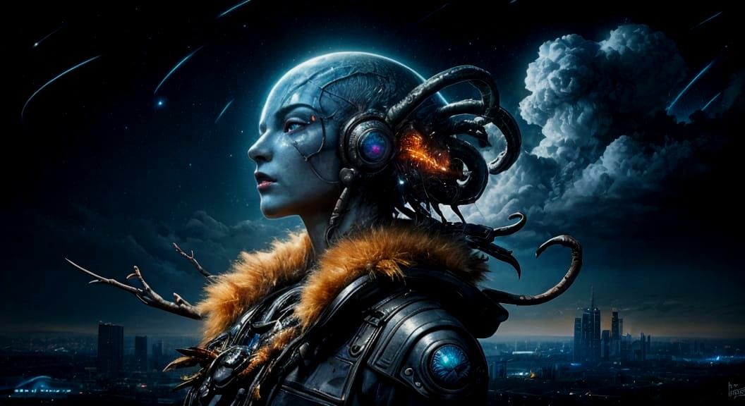 Alien Avatar in Nighttime Cumulonimbus Cloudscape