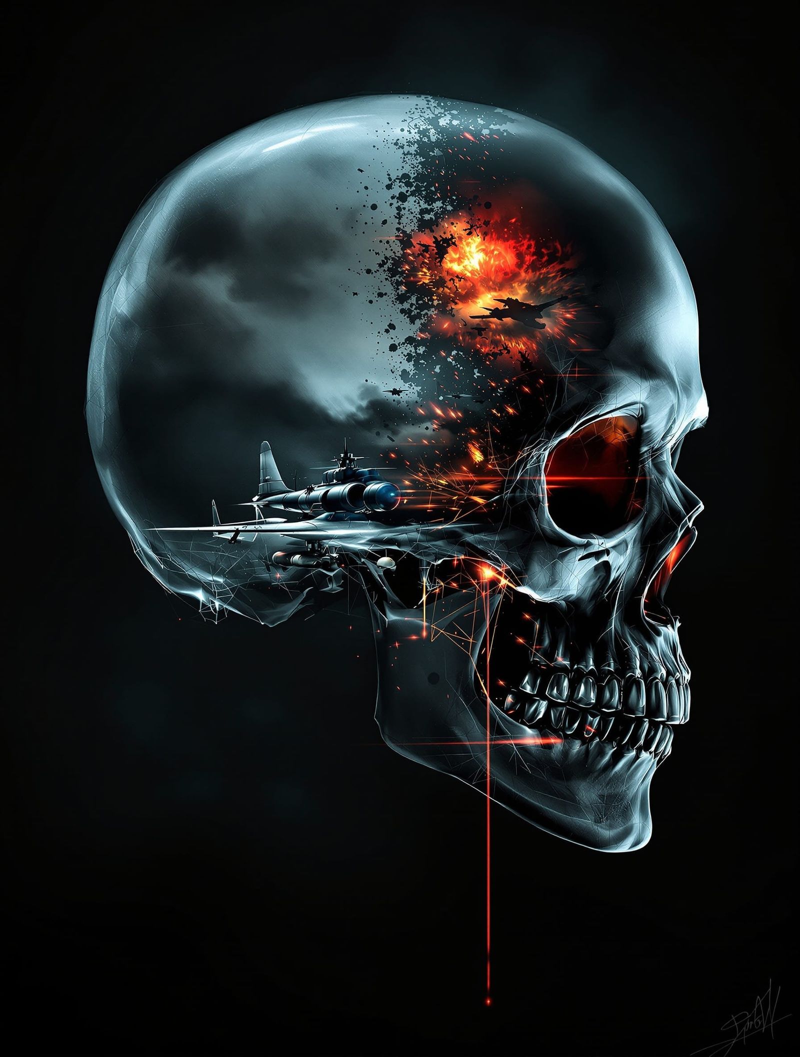 Skull with WWII Battle in Digital Art Style