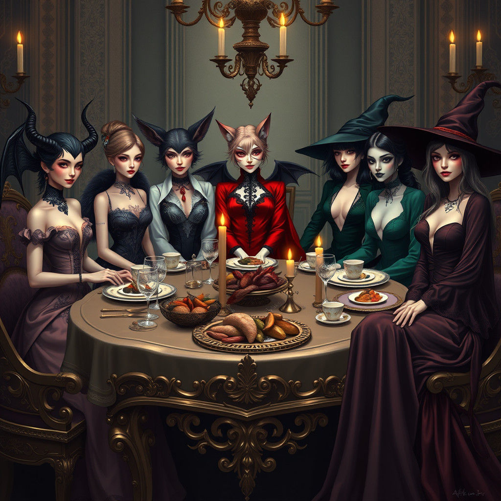 Mythological Females at Elegant Dinner