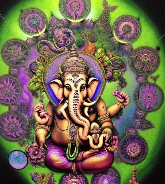 Psychedelic Ganesha Mandala with Crystals and Roots