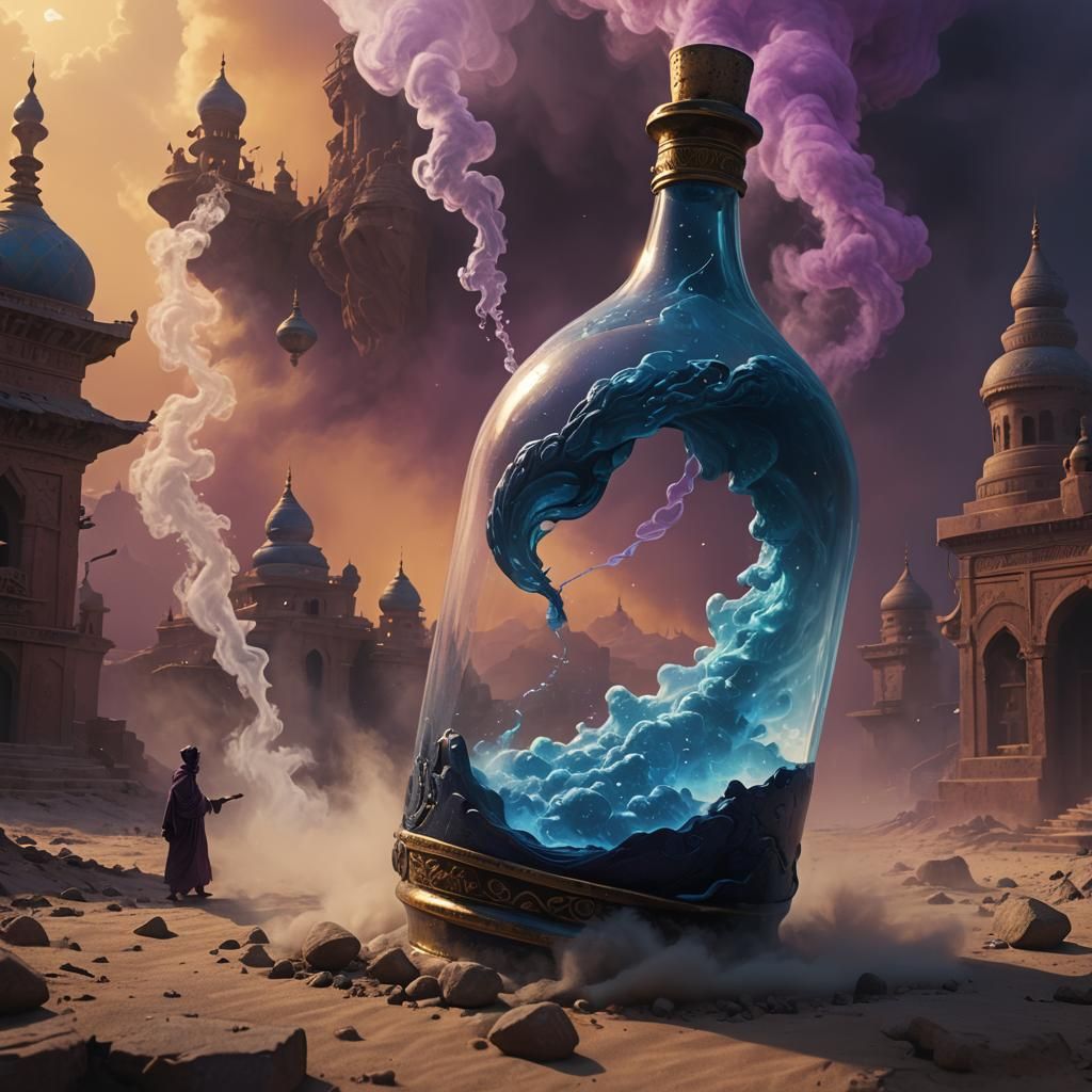 Genie Emerges from Mystical Bottle