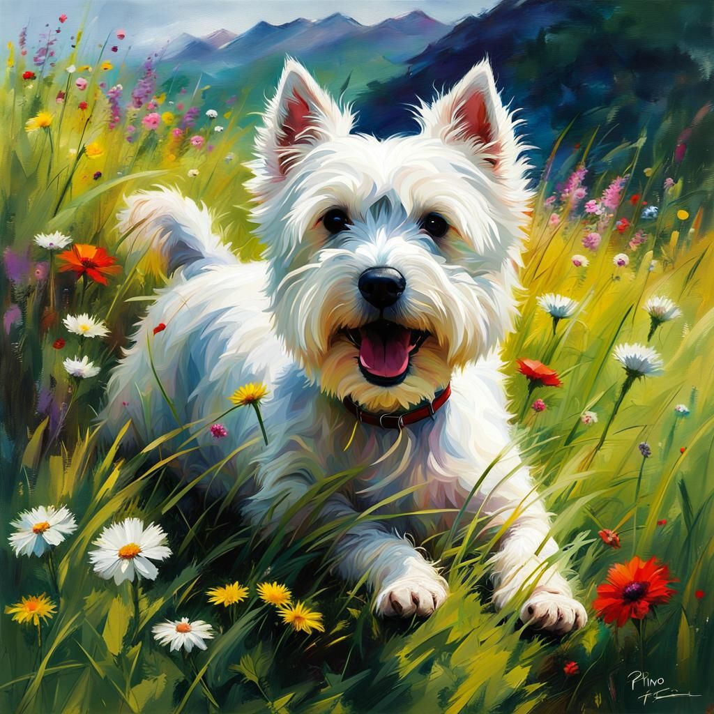 Westie in Meadow: A Joyful Oil Painting