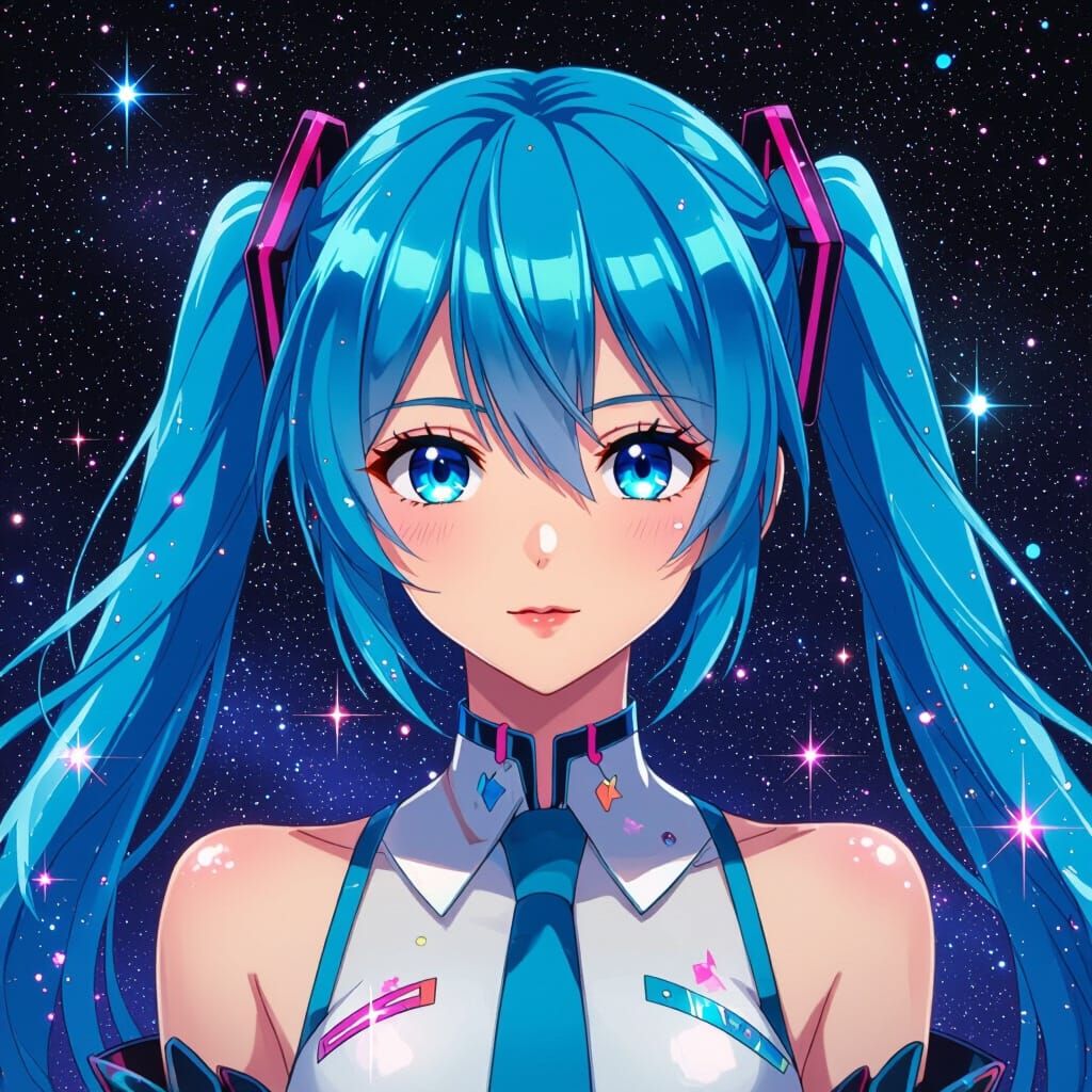 Hatsune Miku Anime Girl in Black Cosmos, Digital Art