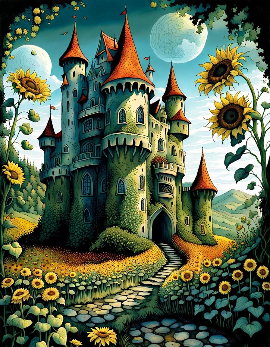 Enchanting Sunflower Castle Coloring Book Illustration