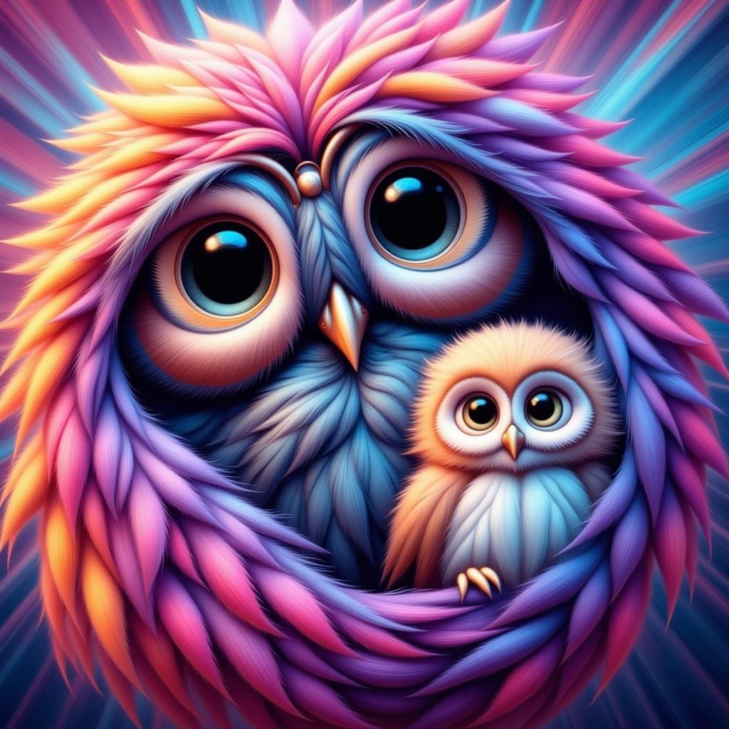 Charming Mother and Baby Owl in Vibrant, Abstract Art
