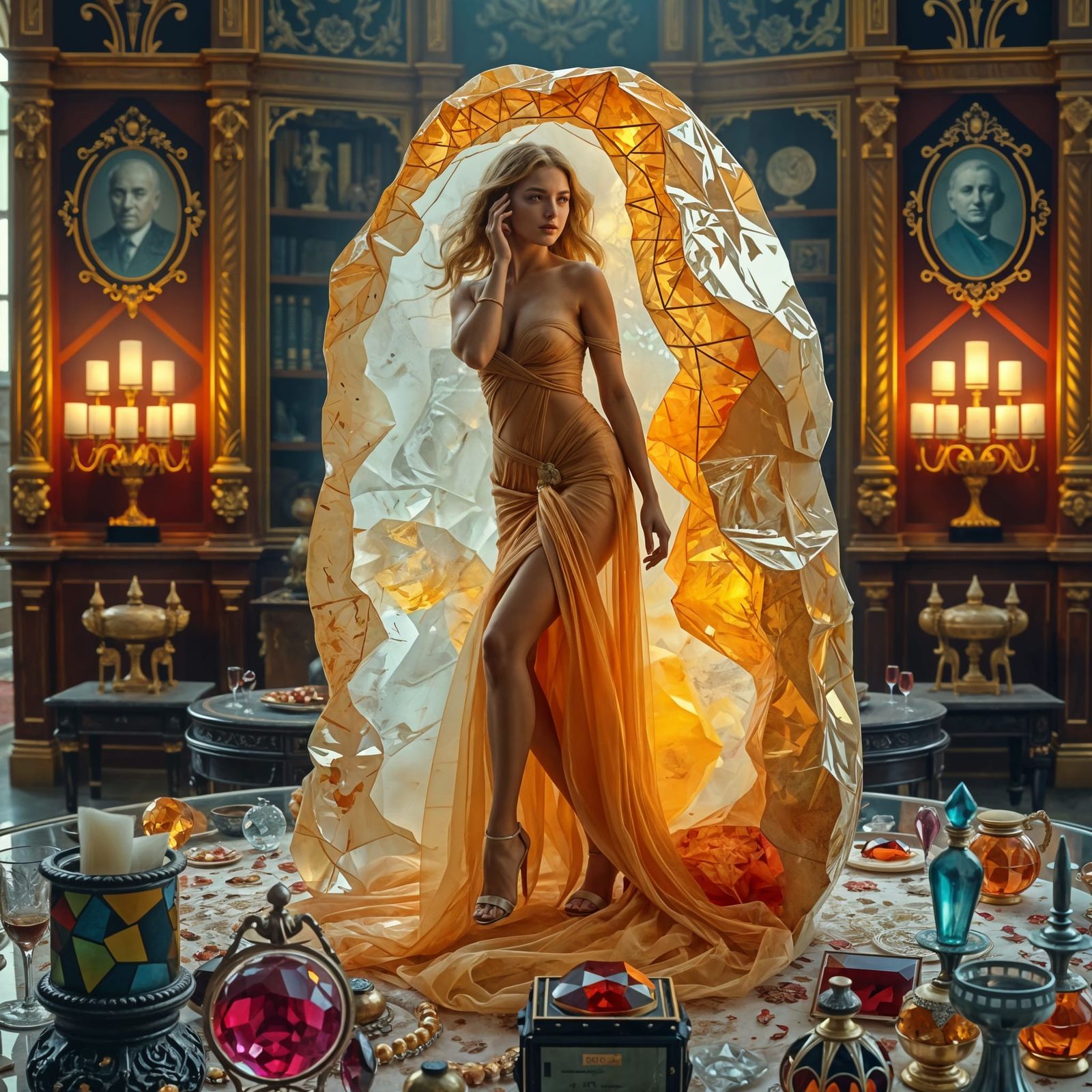 Elegant Woman in Amber Treasure Chamber