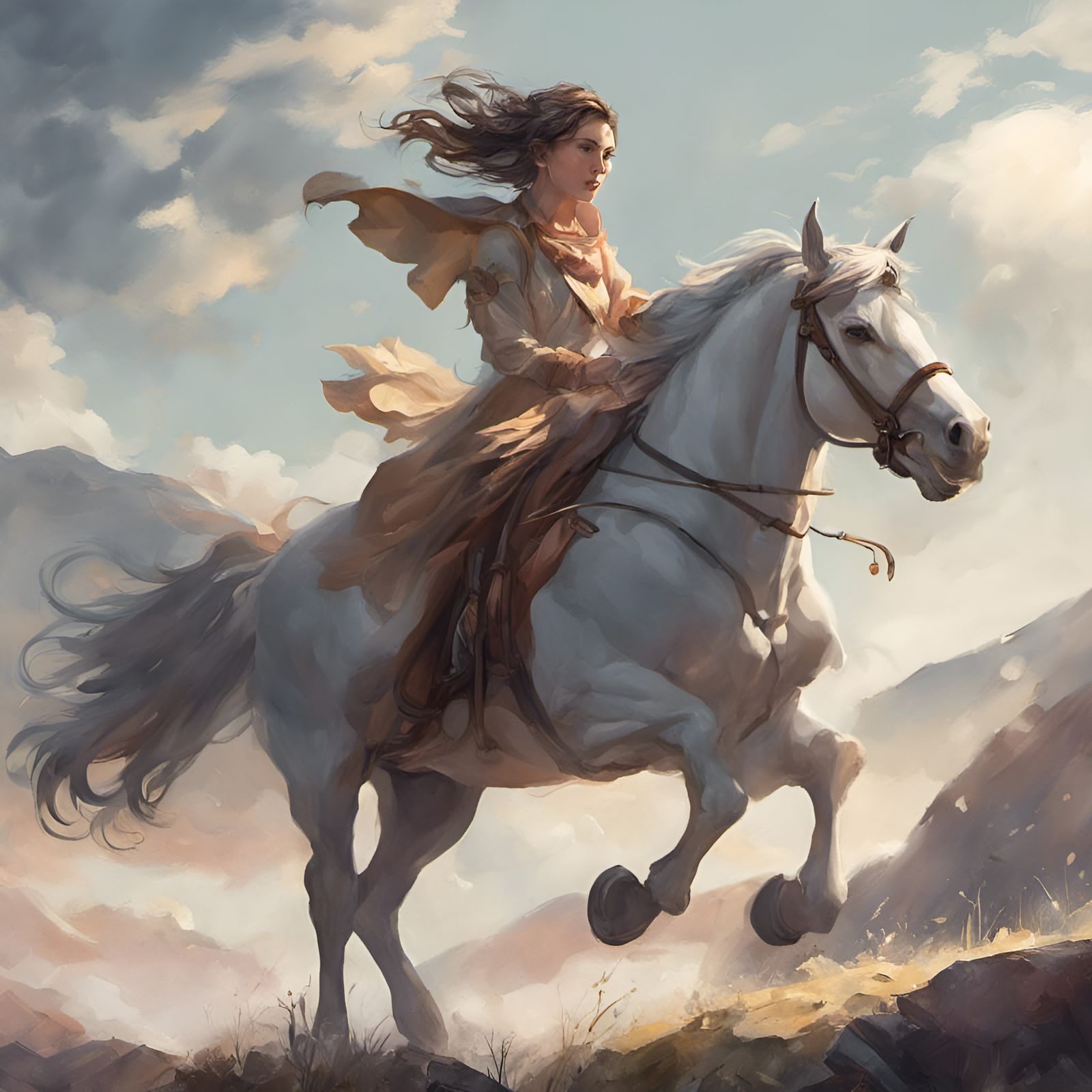Noblewoman on White Horse in Anime Landscape