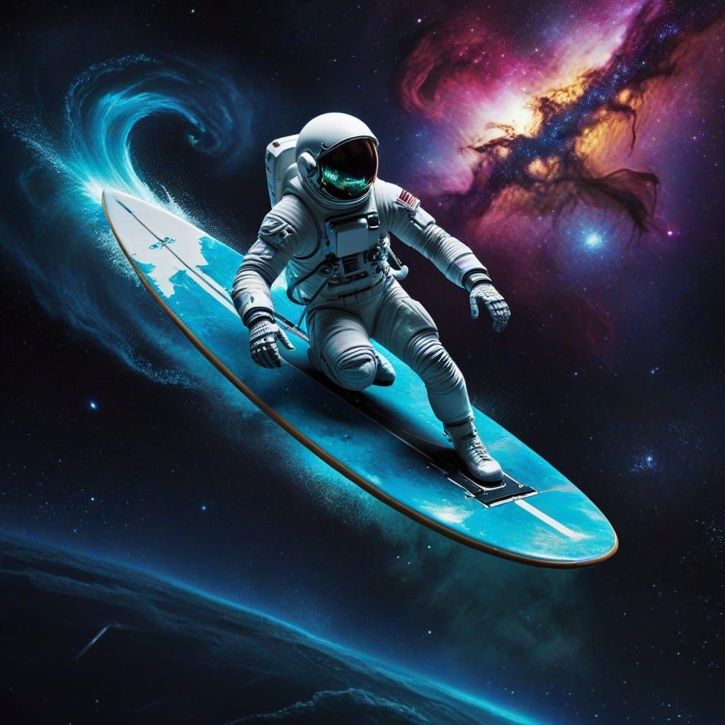 Astronaut Surfing on Skull Surfboard in Space