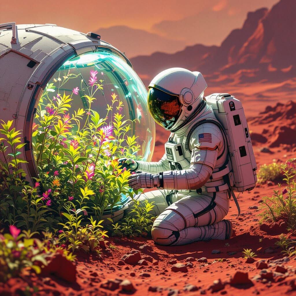Astronaut's Glowing Garden on Mars: Sci-Fi Impressionism