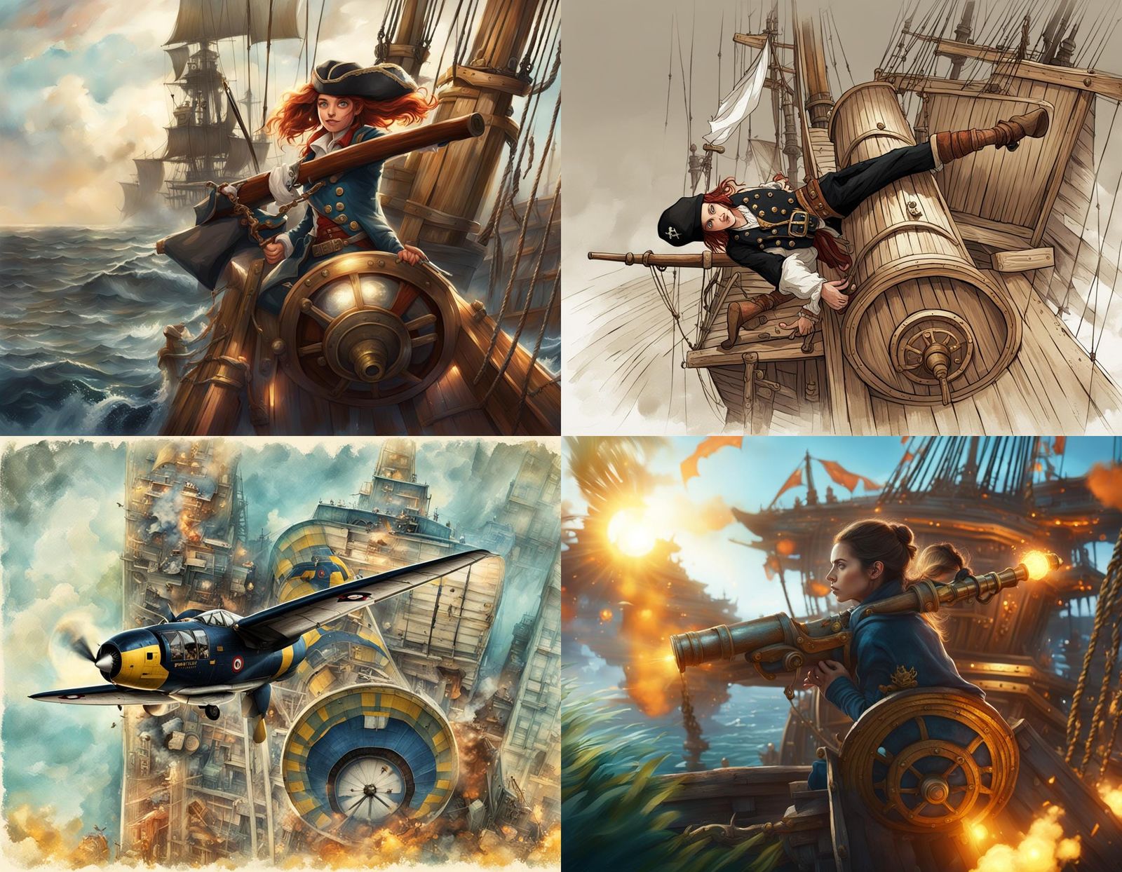Pirate Naval Battle with Cannon Girl, Detailed Matte Paintin...