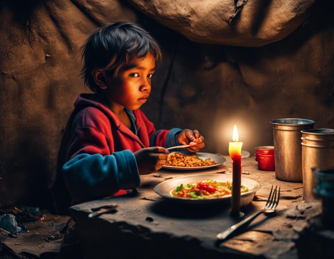 Refugee Child's Candlelit Dinner: Hyperrealistic Color Splas...