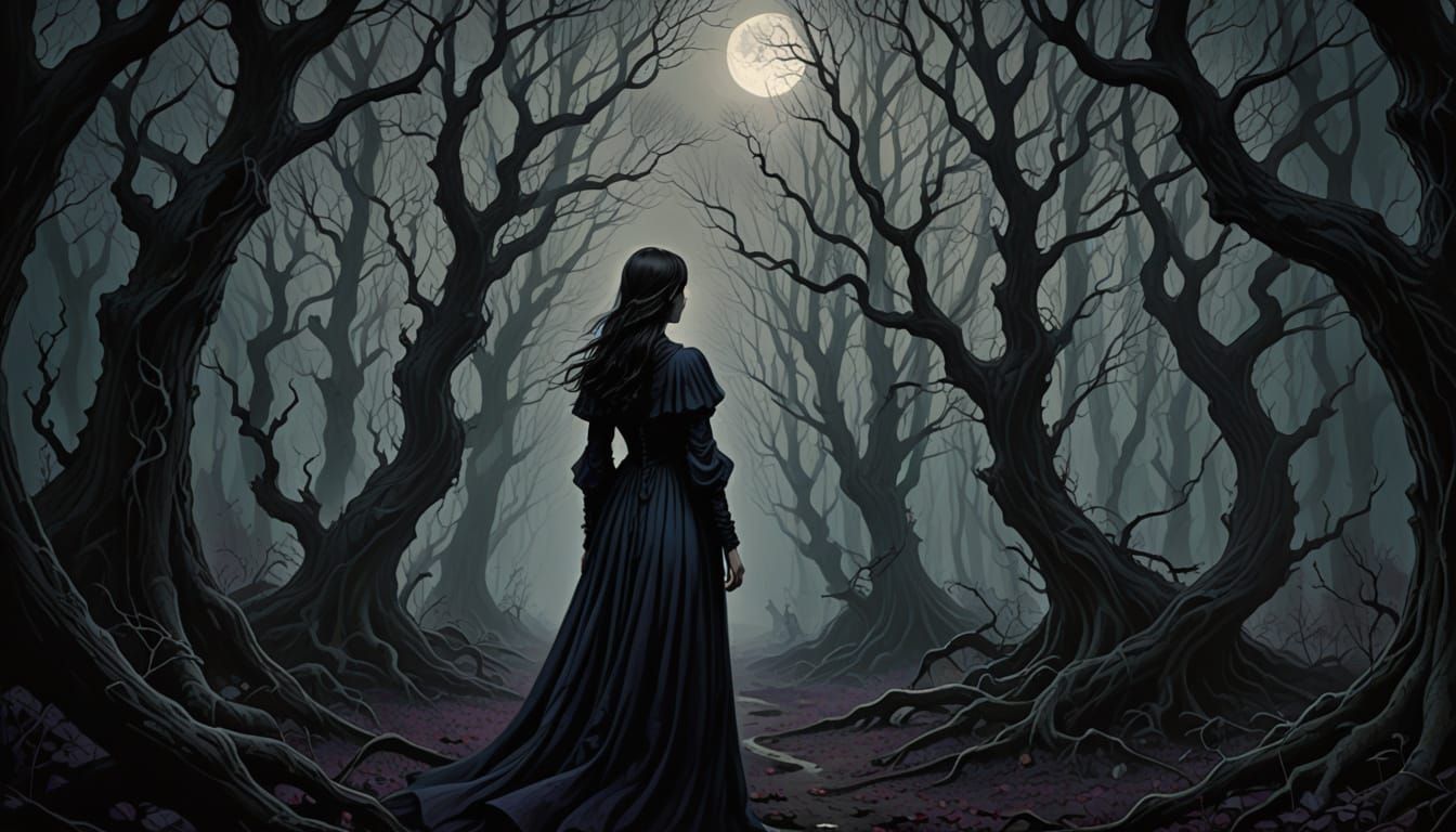 Mysterious Woman in a Dark, Dreamlike Forest