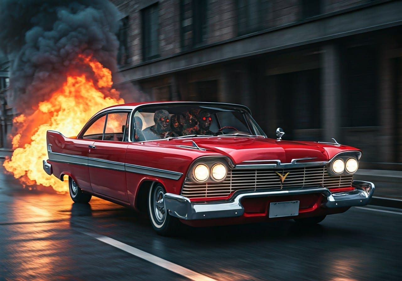 Gothic Cherry Red Fury Speeds Down Desolate City Street