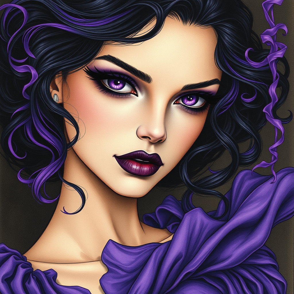 Woman with Purple Hair in Art Nouveau Style