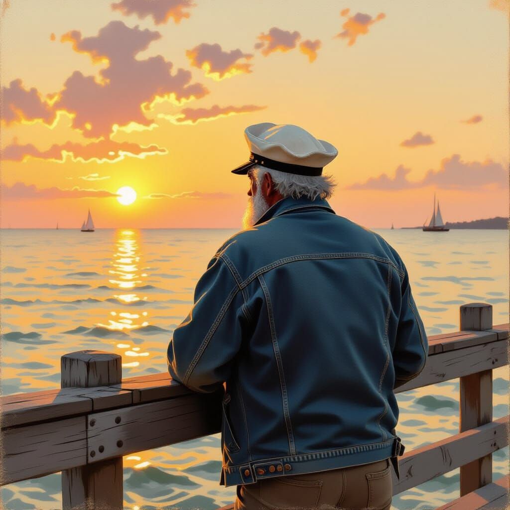 Nostalgic Old Sailor at Sunset in Impressionist Style