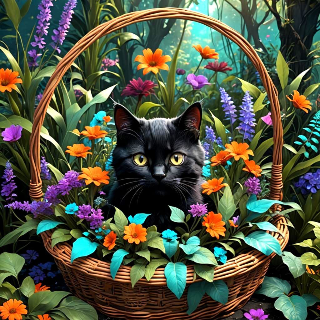 Black Kitty in Basket, Wonderland Style