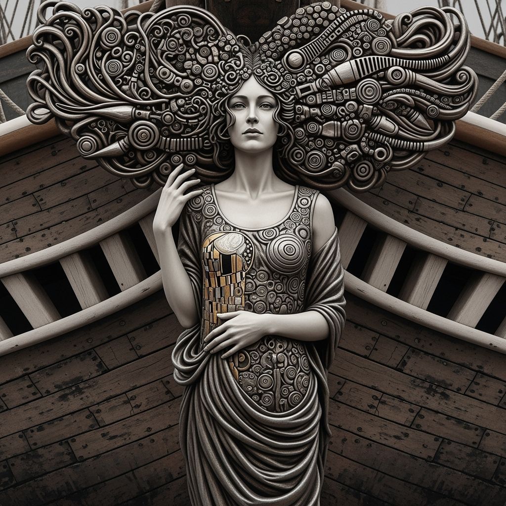 Monochromatic Sculpture on Weathered Ship Bow, Dark Beauty