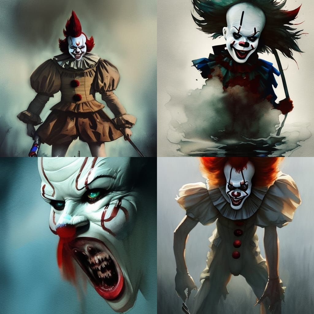 Pennywise in Watercolor Style, Dark Fantasy Concept Art