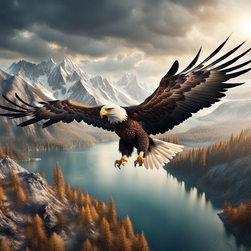 Eagle's Flight Over Mountain Lake: Digital Matte Painting