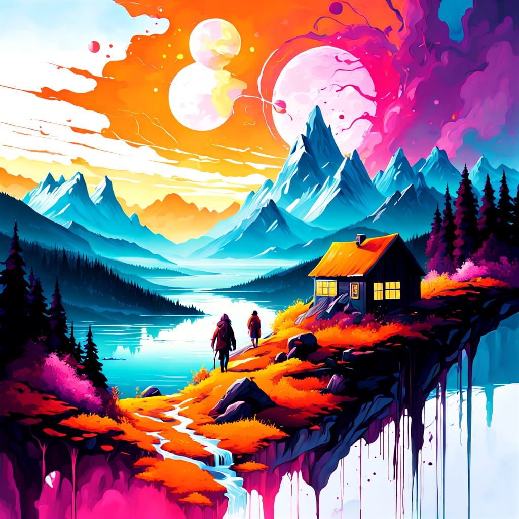 Ethereal Landscape of Vibrant Oil and Ink Brushstrokes